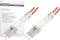 Two orange fibre optic cables with white connectors and numbering 'A1, A2'. Packaging with product details in the background.