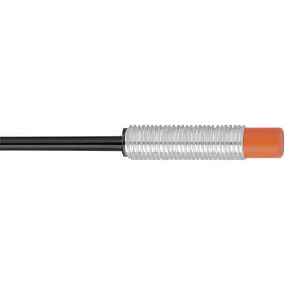 Cylindrical proximity sensor with a metal housing and orange tip, connected with two black cables on the left side.