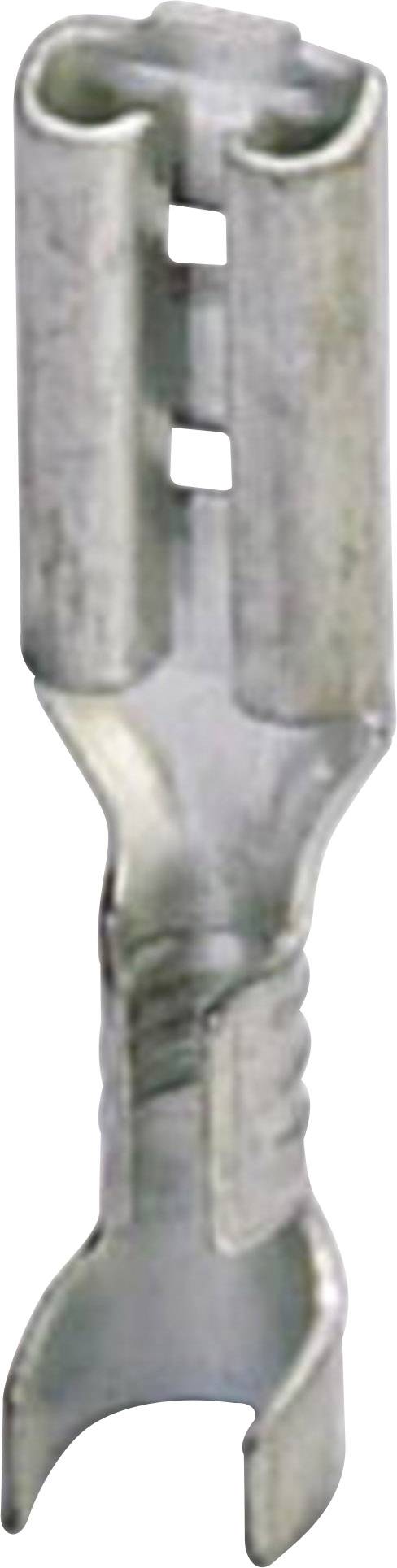 Metal cable clip in close-up. It has two square holes and is silver-coloured.