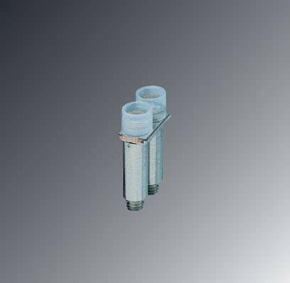 Two cylindrical metal components with blue openings, held together by a bracket, against a grey background.