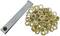 A stack of gold-coloured eyelets next to an eyelet setting tool, on a white background.