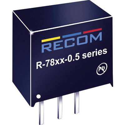 Voltage regulator from the R-78xx-0.5 series by RECOM with three pins, suitable for electronic circuits requiring voltage stabilisation.