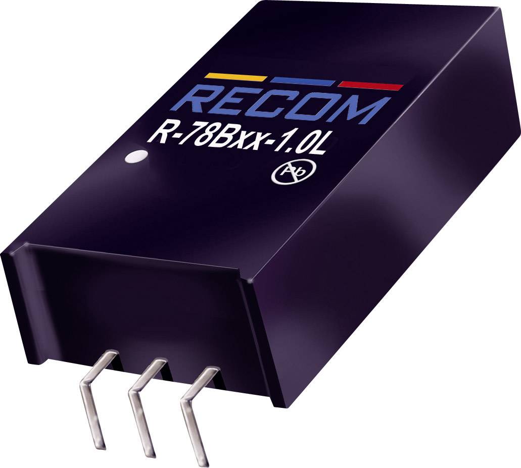 'RECOM R-78Bxx-1.0L' voltage converter in a black housing with three silver pins.
