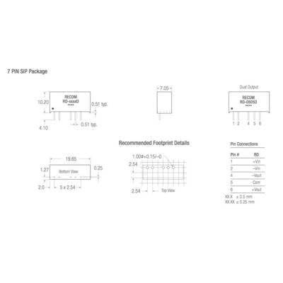 '7 PIN SIP Package': Diagram shows dimensions, recommended PCB footprints and pin connections of a RECOM DC-DC converter.
