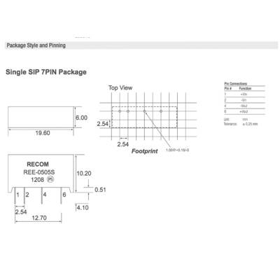 'Single SIP 7PIN Package' circuit diagram with top view and side view. Pin connections: Vin, GND, Vout, NC. Dimensions given in mm.