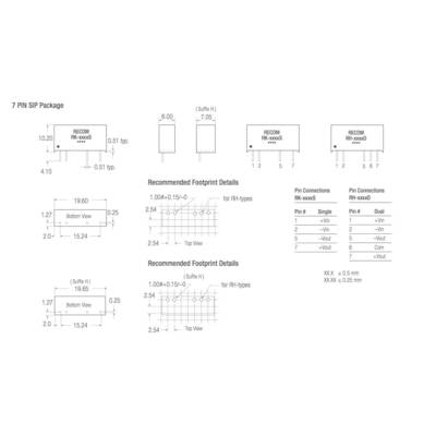 '7 PIN SIP Package' Diagram. Shows dimensions, recommended footprint details and pin connections for single and dual types. Size and arrangement on technical sketch.