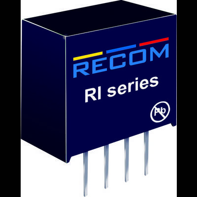 A blue electronic component with the inscription 'RECOM RI series'. Four metal terminals extend outwards.