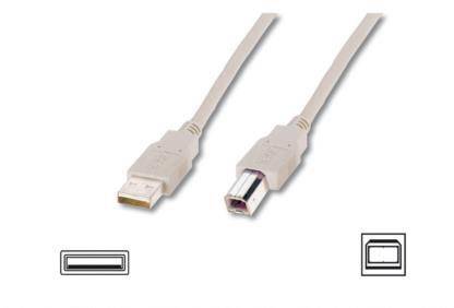 Two USB cables with different connectors: A flat USB-A plug on the left and a square USB-B plug on the right.
