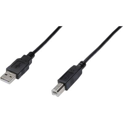A USB cable with a USB Type-A plug and a USB Type-B plug, each connected by a black cable.
