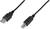A USB cable with a USB Type-A plug and a USB Type-B plug, each connected by a black cable.