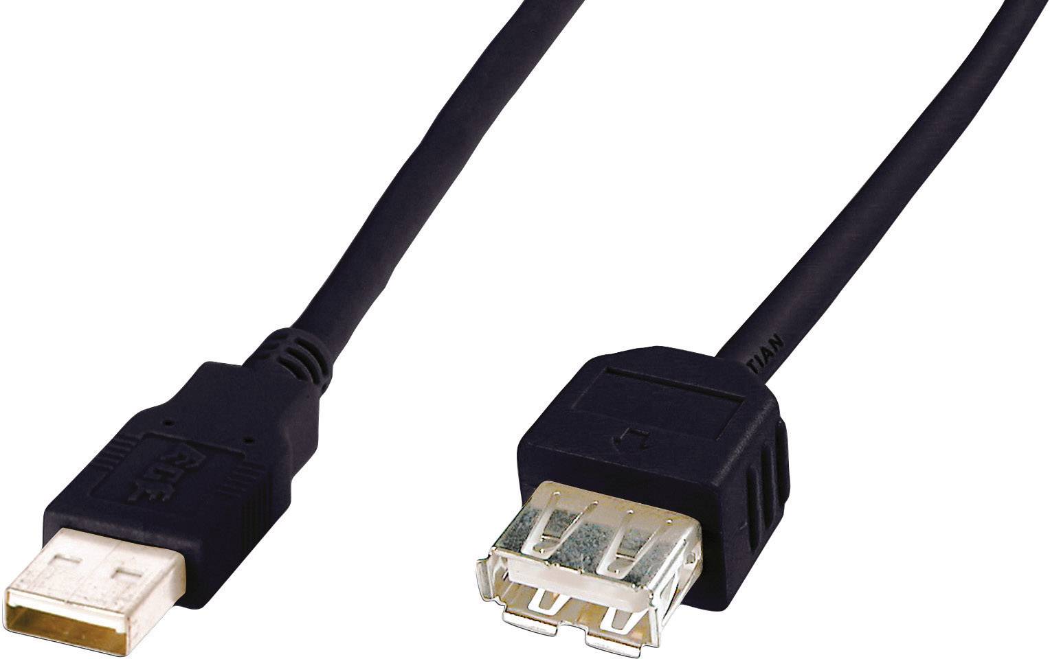 Black USB extension cable with a USB-A plug and a USB-A socket at the ends, suitable for connecting devices.