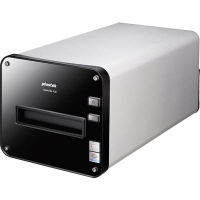 A silver film scanner with a black front, buttons on the side and an opening for films. Manufacturer logo 'plustek OpticFilm 120'.