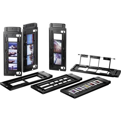 Film holder for scanners with inserted films and slides showing various photographs. Suitable for digitising films.