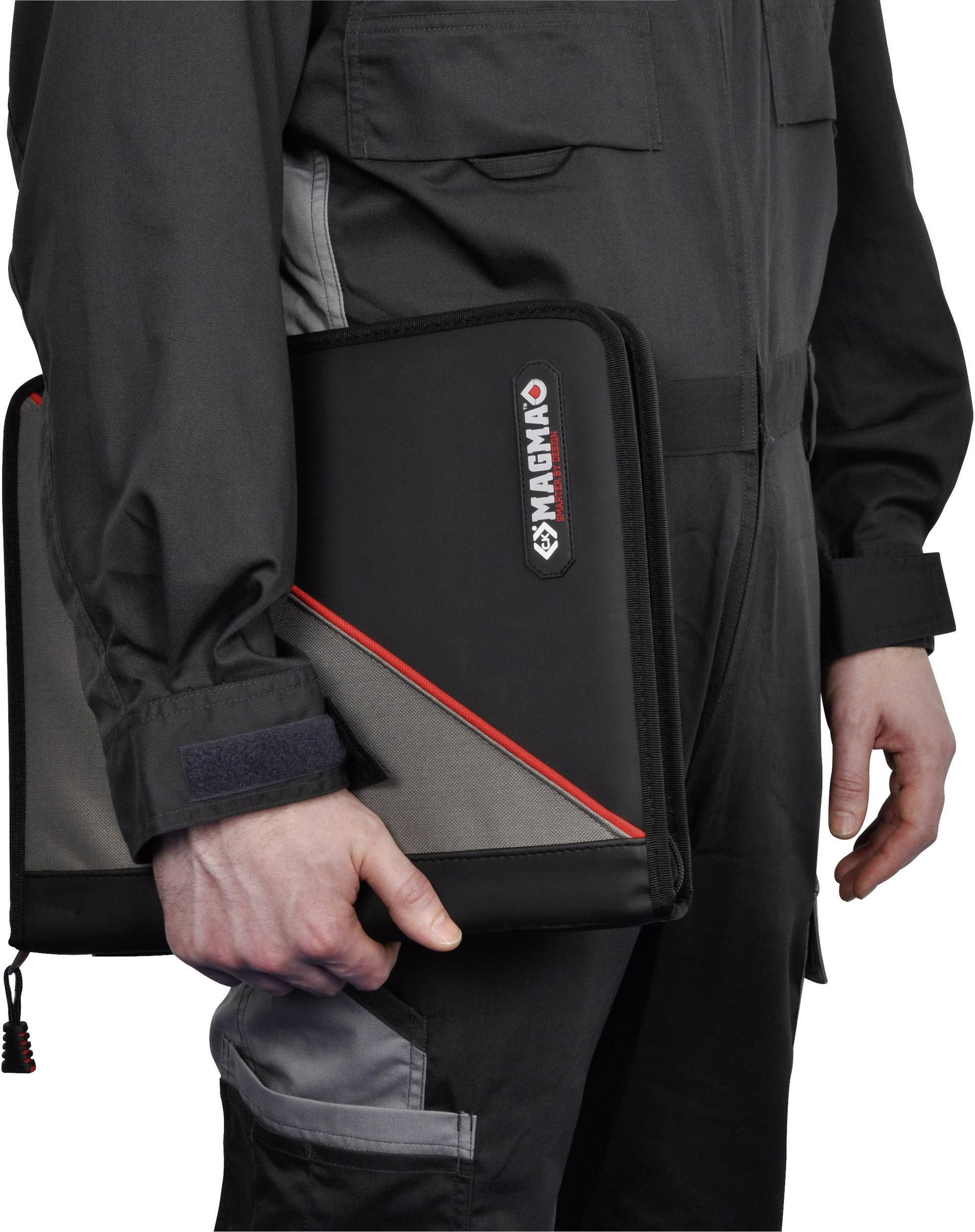 A person in grey workwear is holding a black folder with a red detail and 'MAGNA' logo.