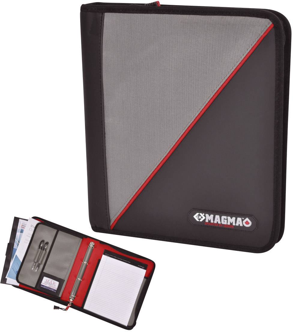 Black organiser with a grey triangular design and 'Magma' logo. When opened, it reveals a notepad, dividers, and pen loops.