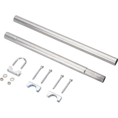 Two long metal rods, screws, nuts, and brackets for assembling a frame or mounting bracket.