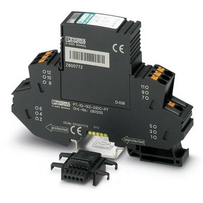 A surge protection device for DIN rail mounting by Phoenix Contact, model PT-IQ-1X2-24DC-PT, with multiple connection terminals.