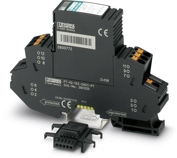 A surge protection device by Phoenix Contact for DIN rail mounting, shown with connection terminals and CE marking.