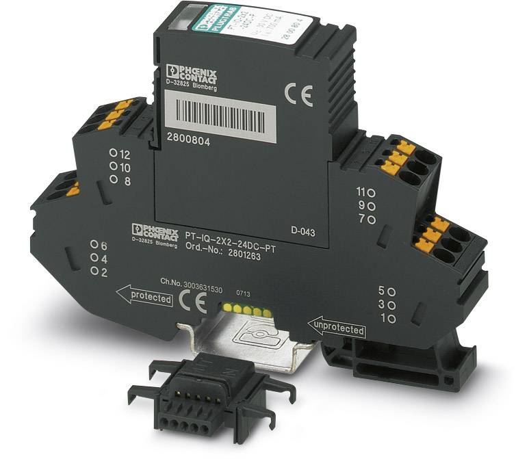 'Black surge protection with terminal connections from Phoenix Contact, suitable for mounting on a DIN rail.'