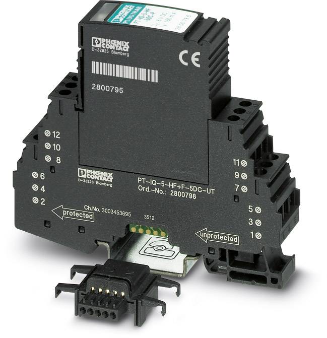 A surge protection device with multiple connection terminals and a removable module mounted on a DIN rail.