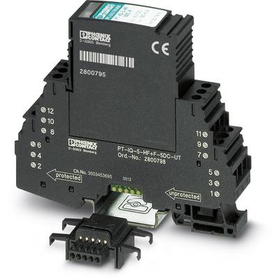 A black, industrial protective device with multiple connection terminals and a module on the top surface, bearing a CE marking.