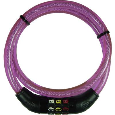 Lila bicycle lock with numerical combination, thick cable, adjustable numbers on the lock.