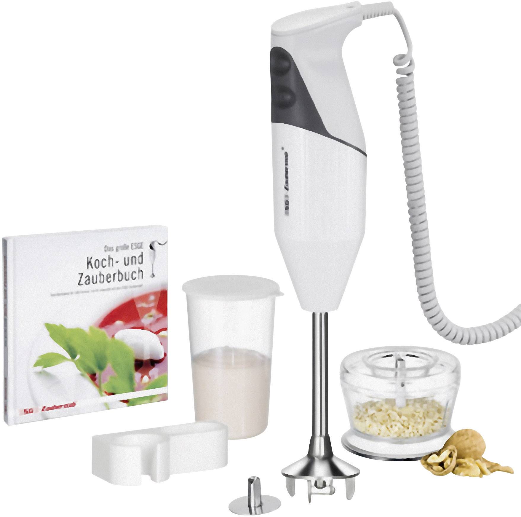 A white hand blender with accessories, including a mixing beaker, chopper, cookbook and walnuts, on a white background.