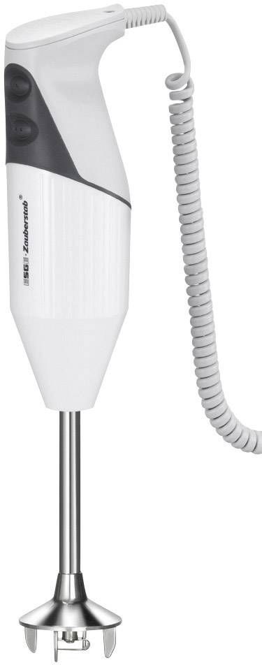 A white hand mixer with an ergonomic handle and spiral cord, suitable for mixing and stirring ingredients in the kitchen.