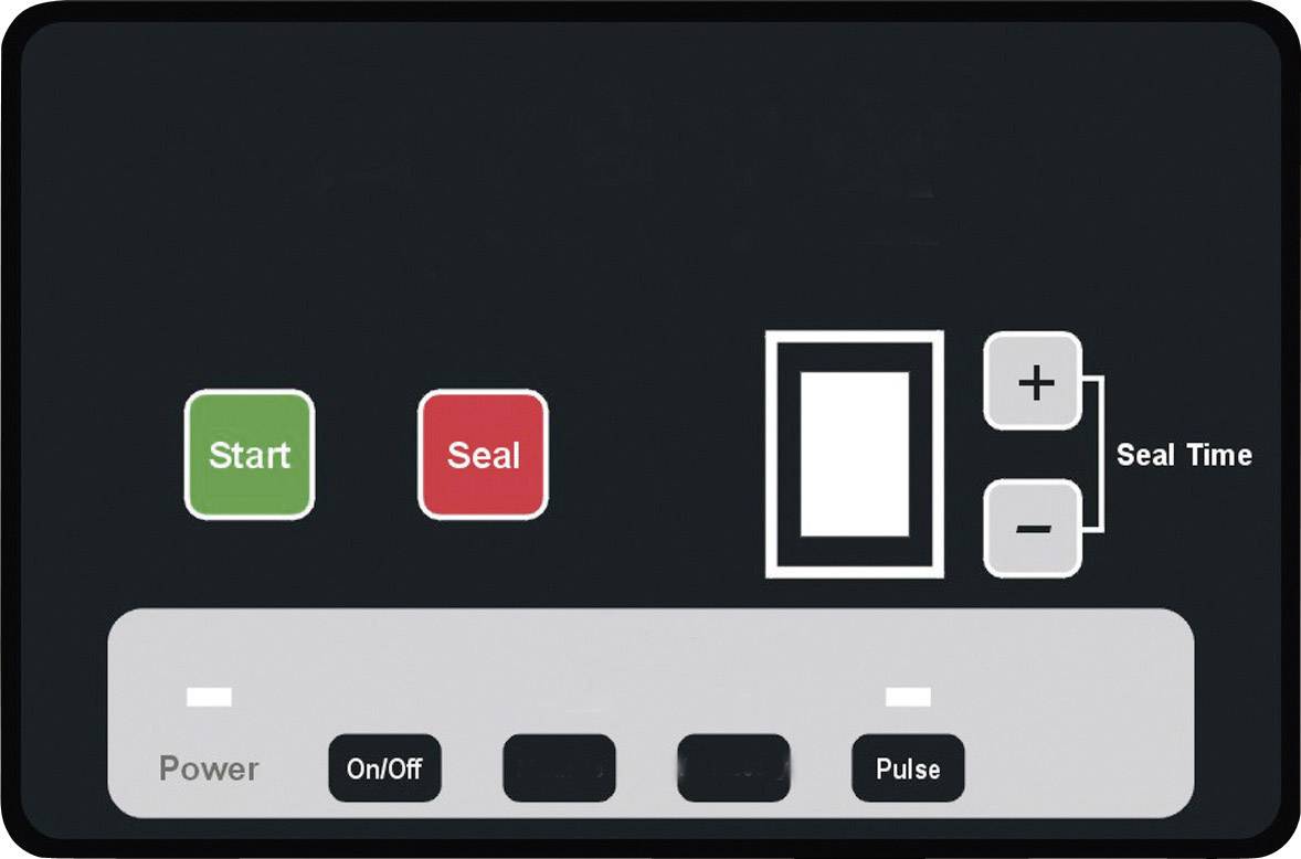 Control panel of a vacuum sealing machine with buttons: 'Start', 'Seal', and 'On/Off'. Adjustment options for 'Seal Time' and 'Pulse'.