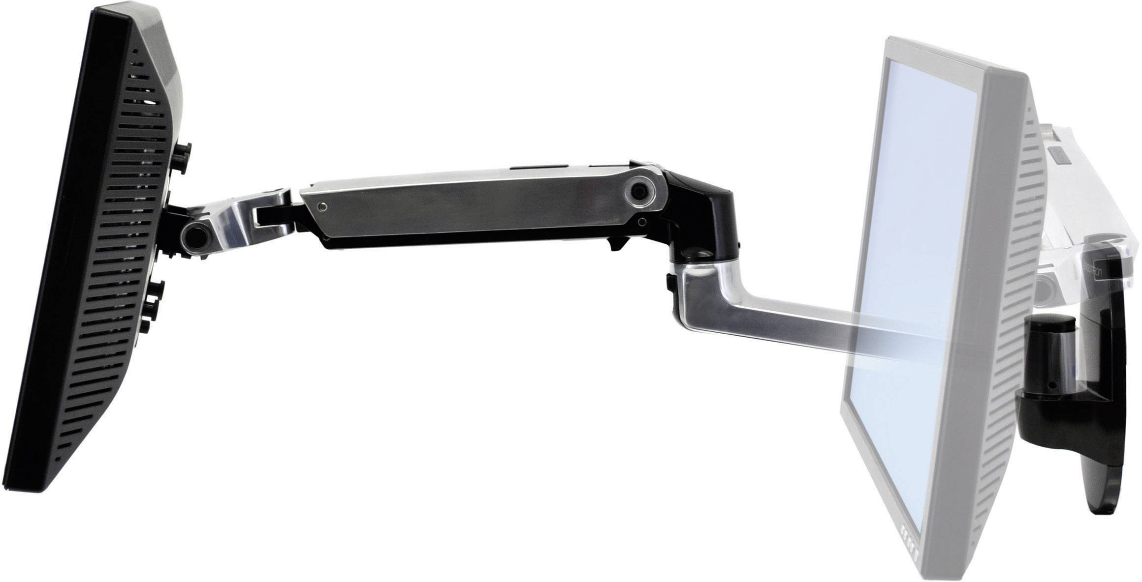 A versatile monitor arm holding a black display demonstrates adaptability and positioning flexibility.