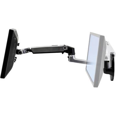 A versatile monitor arm holding a black display demonstrates adaptability and positioning flexibility.