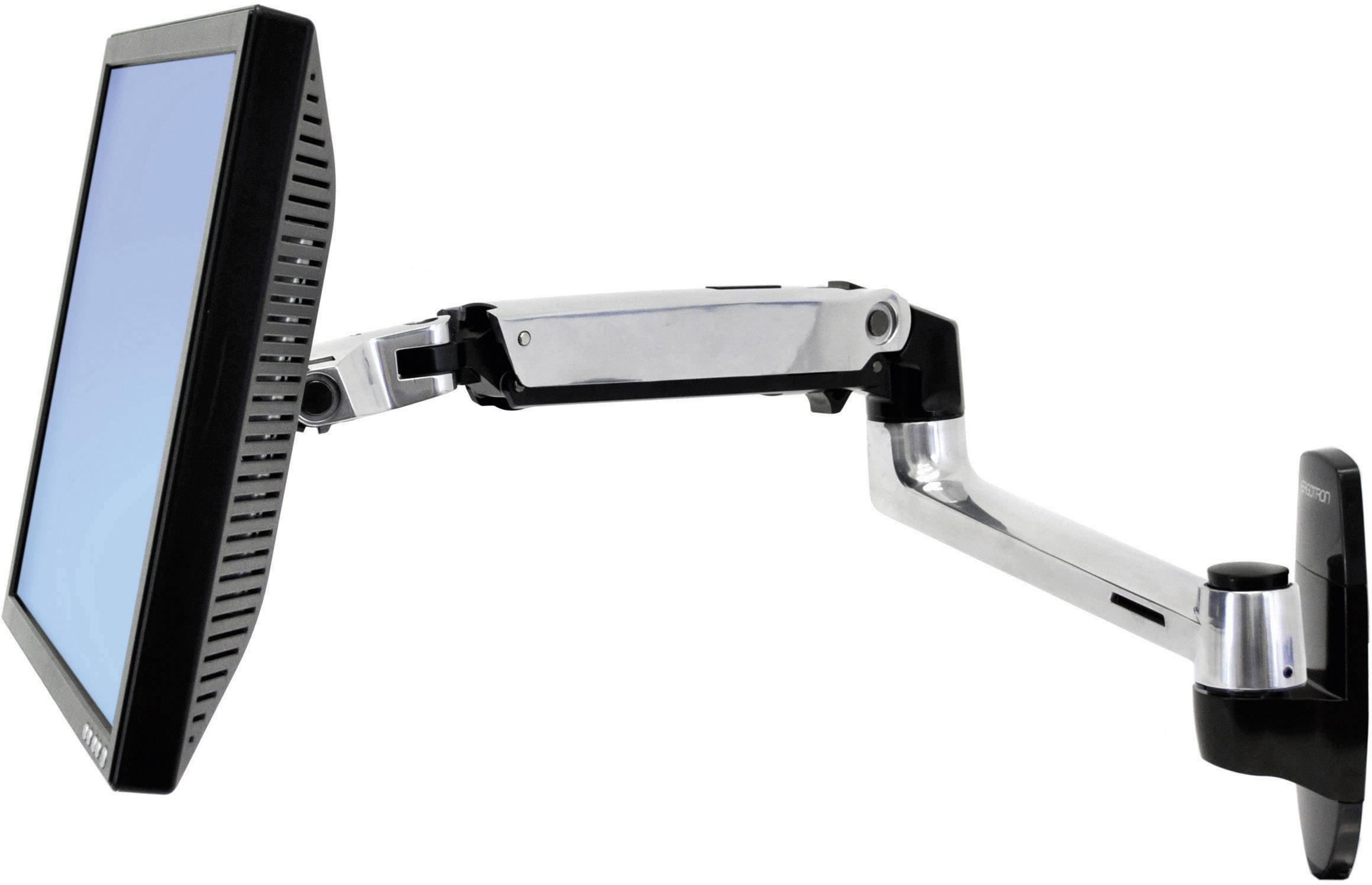 A height-adjustable metal monitor arm holds a flat screen and offers flexible positioning and heights for the display.