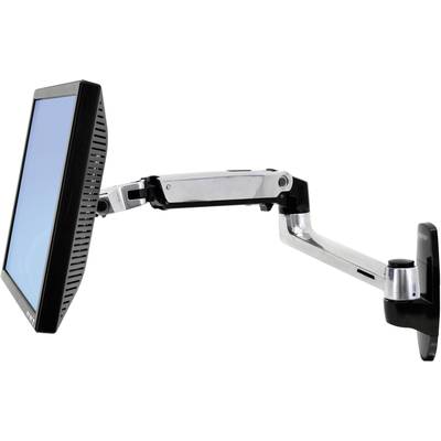 A height-adjustable metal monitor arm holds a flat screen and offers flexible positioning and heights for the display.