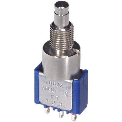 A silver push button with a blue base and multiple connection pins.