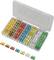 A transparent plastic box with various coloured flat fuses sorted into compartments.