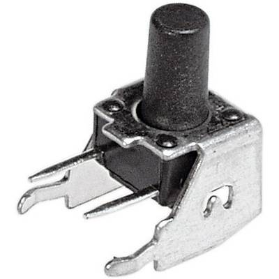 A black pushbutton with two metal pins, suitable for PCB mounting.