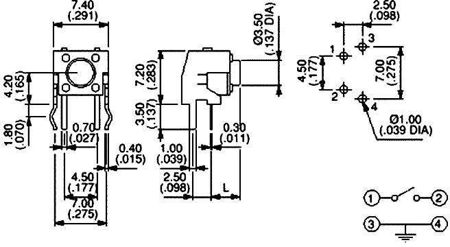 Technical drawing of an electronic component with dimensions and connection points. Shows different views and measurements.