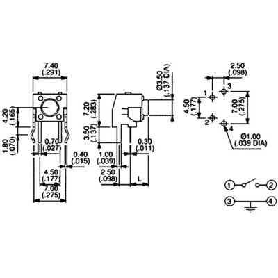 Technical drawing of an electronic component with dimensions and connection points. Shows different views and measurements.
