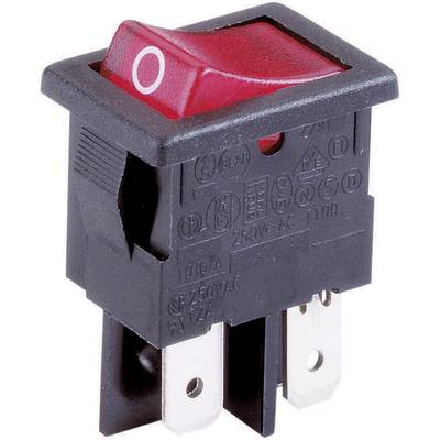 Black toggle switch with red actuator and white "O" marking. Suitable for electrical devices, indicates on or off status.