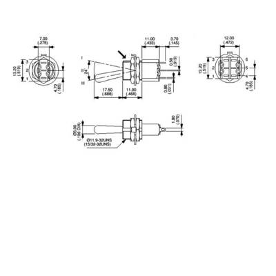 Technical drawing of a component with various views and dimensions in inches and millimetres, including top view and cross-section.