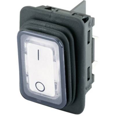 'A white rocker switch with a black border, position marked as "Off". Four connection pins on the side.'