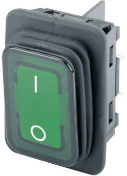 A green rocker switch with the symbols 'I' for on at the top and 'O' for off at the bottom.