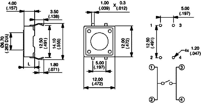Technical drawing of a switch with dimensions in inches. Shows front view, side view, and electrical switching symbol.