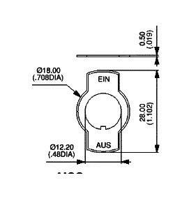 Technical drawing of a switch button with labels 'ON' and 'OFF', along with dimensional measurements in millimetres and inches.