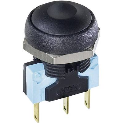A round push-button switch with a black cap, mounted on a blue connector with three gold-plated connection pins.