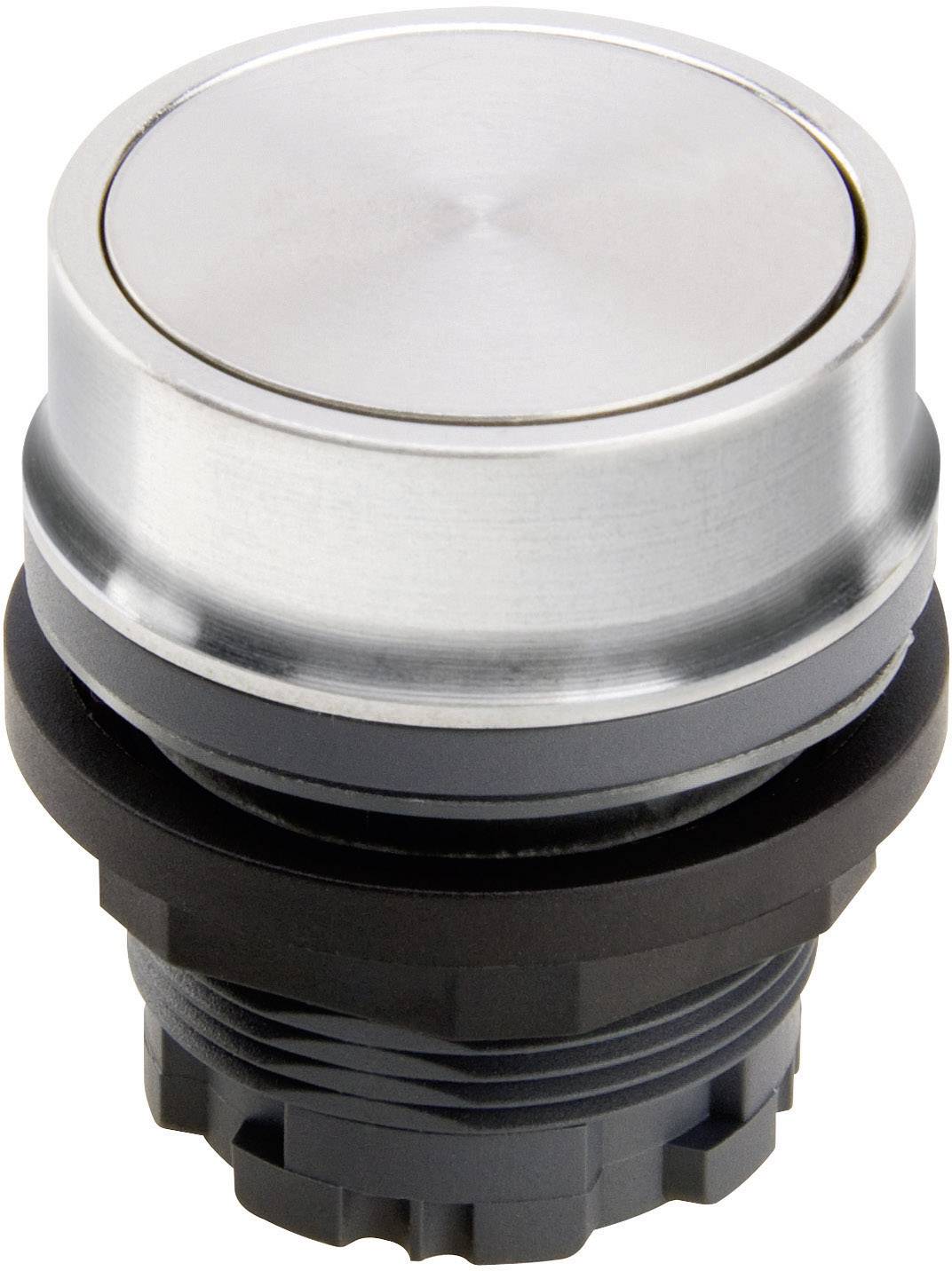 A round, silver-coloured push switch with a black thread, used for mechanical devices or electronic applications.