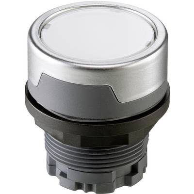Large, round metal and plastic push button in a neutral colour, with a ribbed base.