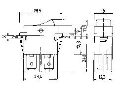Technical drawing of a switch with dimensions: Length 29.5 mm, Width 13 mm, Total height 11.5 mm. Side and front view.