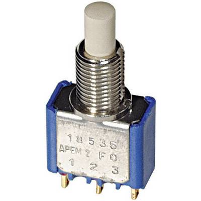 A blue toggle switch with a silver casing and three golden terminals. The switch is labelled 'APEM 2F'.