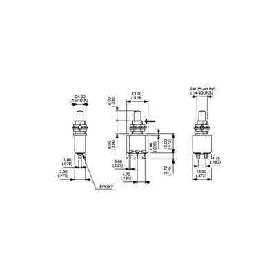 Technical Drawing of Switches with Various Dimensions in Inches. Contains Specific Details of Diameter, Height, and Thread.